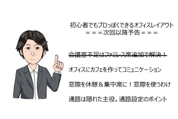 初心者でもプロっぽくできるオフィスレイアウト===次回以降予告===オフィスにカフェを作ってコミュニケーション窓際を休憩＆集中席に！窓際を使うわけ通路は隠れた主役。通路設定のポイント